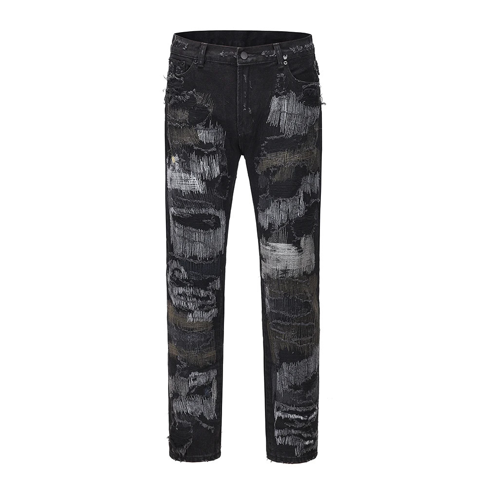 High Street Hole Distressed Ripped Straight Baggy Jeans for Men Washed Patchwork Casual Cargo Pants Oversized Denim Trousers 241218