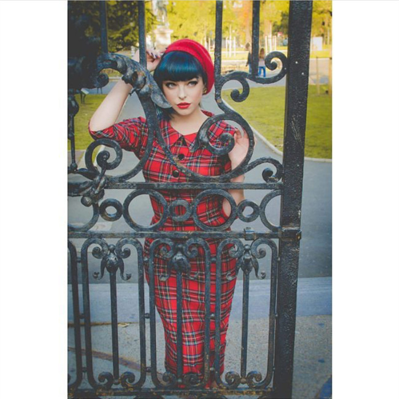 Summer Women Vintage 50S Tartan Peter Pan Collar Mezza Manica Abito A Matita A Matita In Pinup Rosso Pinup Plus Size Giurken-image