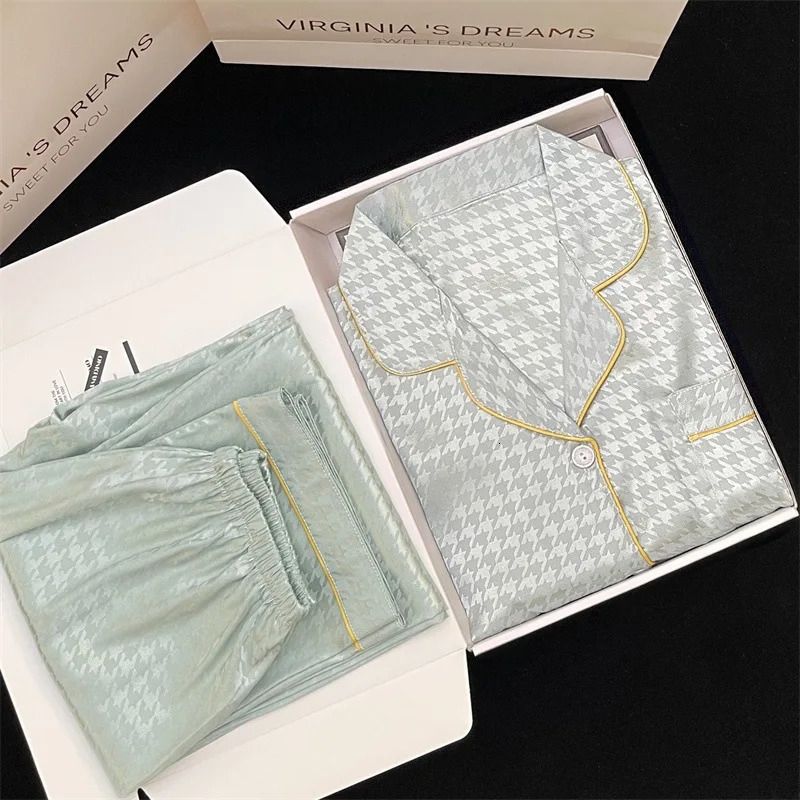 Ice Silk Pajamas Womens Spring Autumn Ins Wind Long-sleeved Sweet Thousand Birds Plaid Loungewear Set Real S Satin Pjs 241217