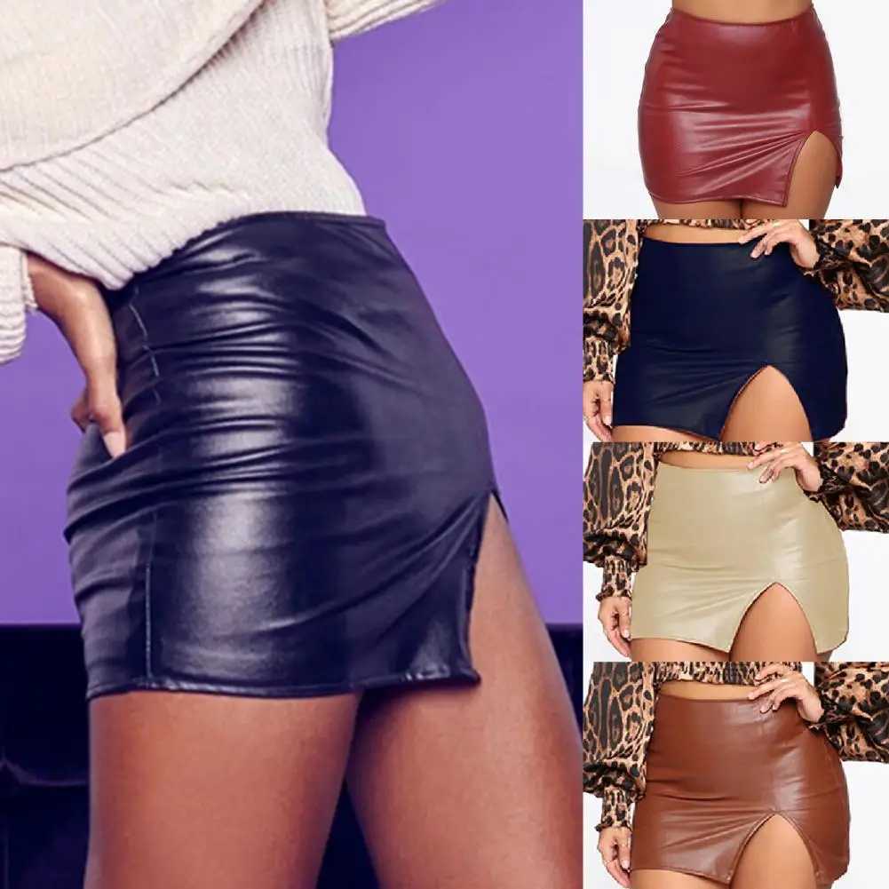 Women Leather Night Clubwear Skirts Summer Pure Color PU-leather Zipper Sexy Hip Leather MIni Skirts Faldas jer Moda 2022XJ241221