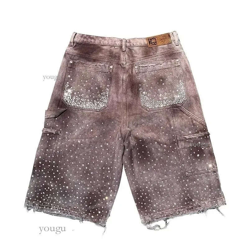 Gothic trend rhinestone pocket exquisite denim shorts mens y2k hip-hop personality style daily couple wide-leg pants 241008