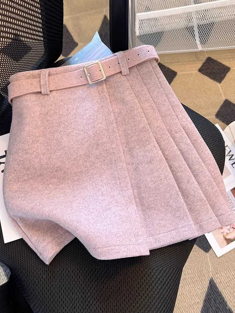 Pink Woolen Mini Skirt for Winter Women High Waisted Pleated A-line Woolen Skirt Korean Ele Pleated Short SkirtXJ241221