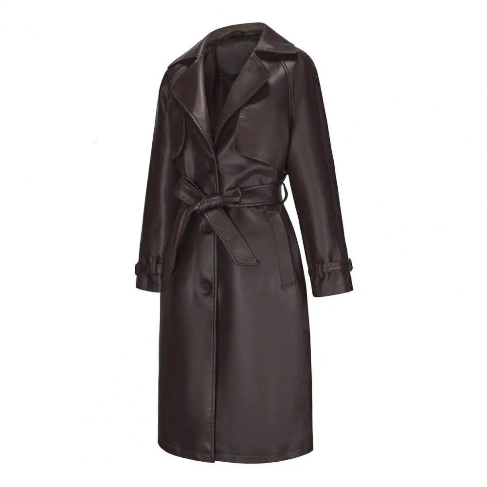 Belted Women Jacket Stylish Laceup Faux Leather Coat for Mid Length Windproof with Turndown Collar 241216