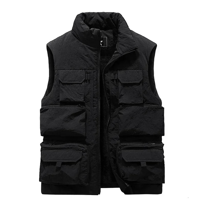Men's New Keep Warm Fleece Work Slim Fit Windbreaker Fashion Many Pocket Jacket Men Winter Sleeveless Jackets