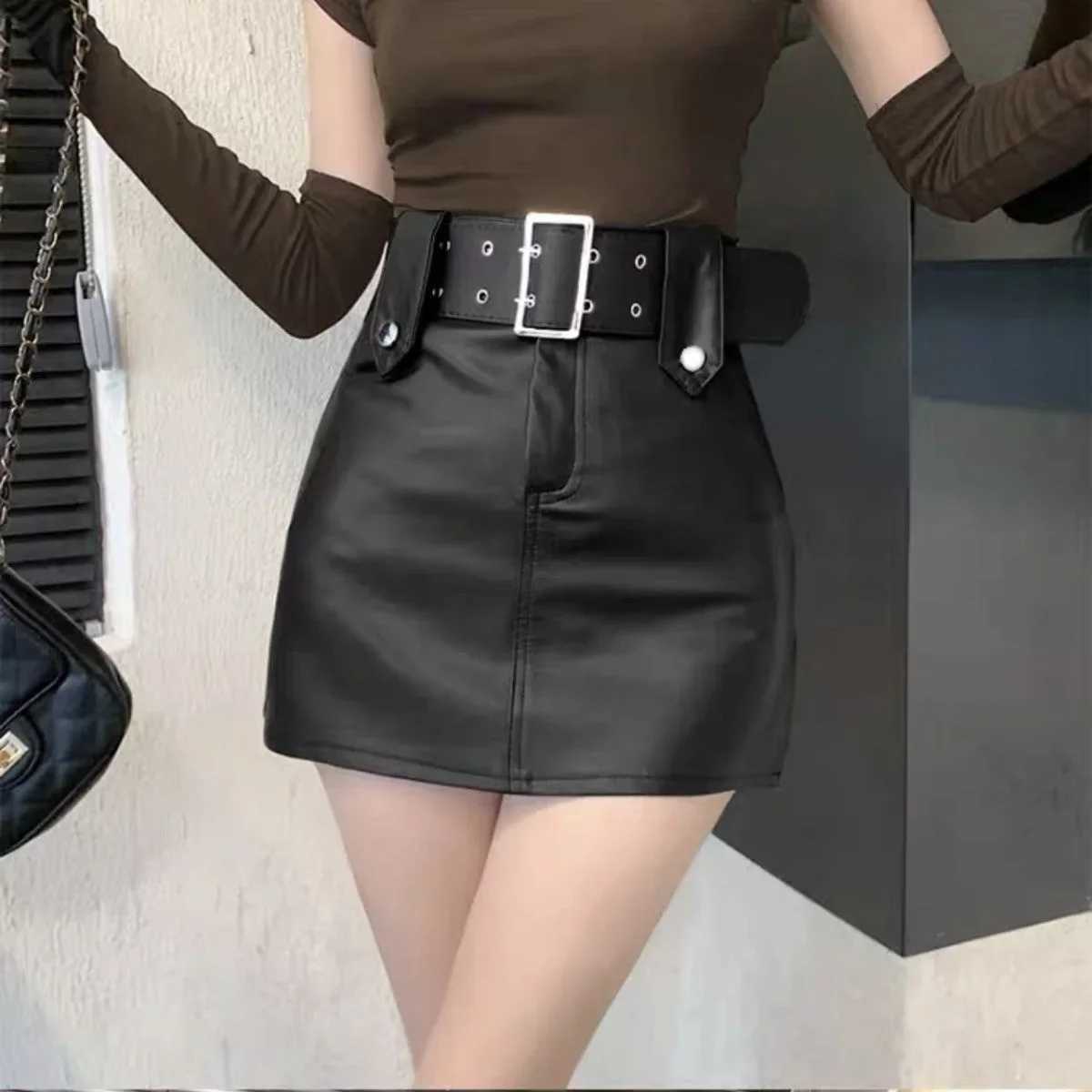 Girl Small Skirts Womens High Waist Skirt Pu Leather Skirts A-line Skirt Short Skirt Ropa jer Mini Skirts Clothes for WomenXJ241221