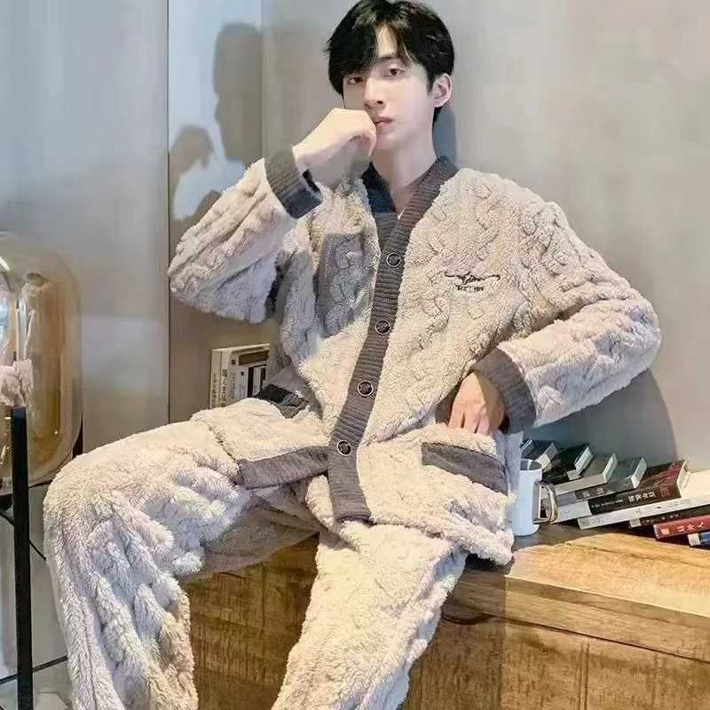 2023 new autumn sleepwear mens winter wool sleepwear thick casual wear wool three piece craft jacquard sleepwear warm set W241221