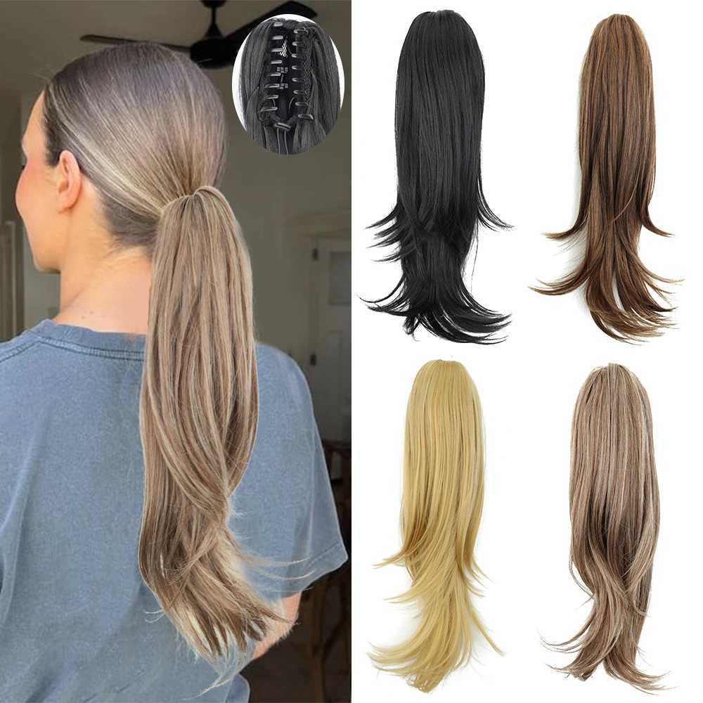 Synthetic Claw Clip On Ponytail Extensions 18Inch Long Natural Wavy Horse Tail Blonde Brown Fake Tail for Women Daily UseXJ241221