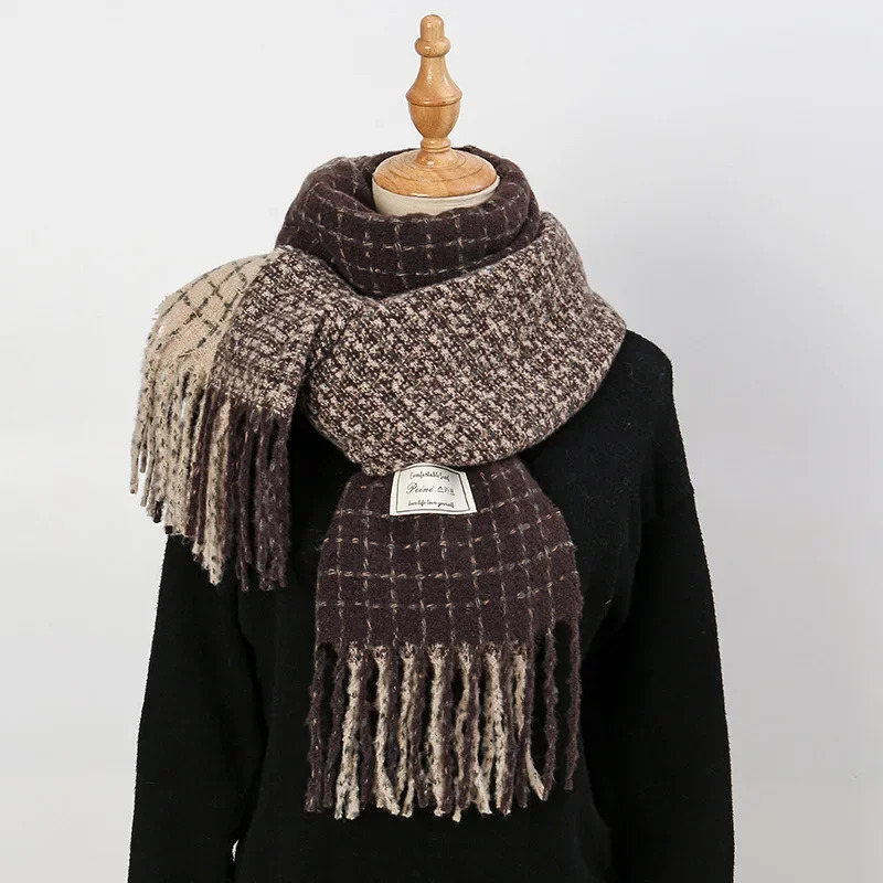 Elegant Retro Plaid Cashmere Winter Womens Knitted Scarf Thickened Plush Neck Warmer Shawl Patchwork Colors 241220