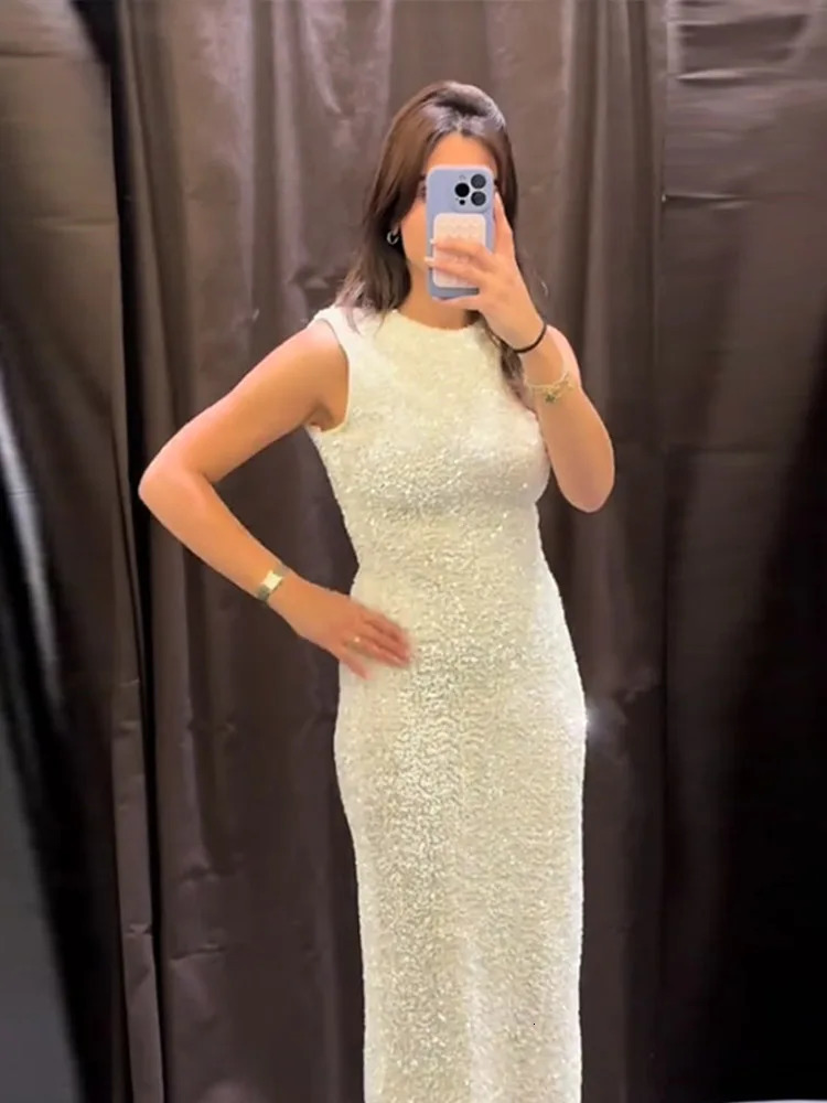 Elegant Sequined Solid Women Dresses Full Sleeve O Neck Lady Maxi Dress Fashion Sexy Party Evening Straight Female Vestidos 241216
