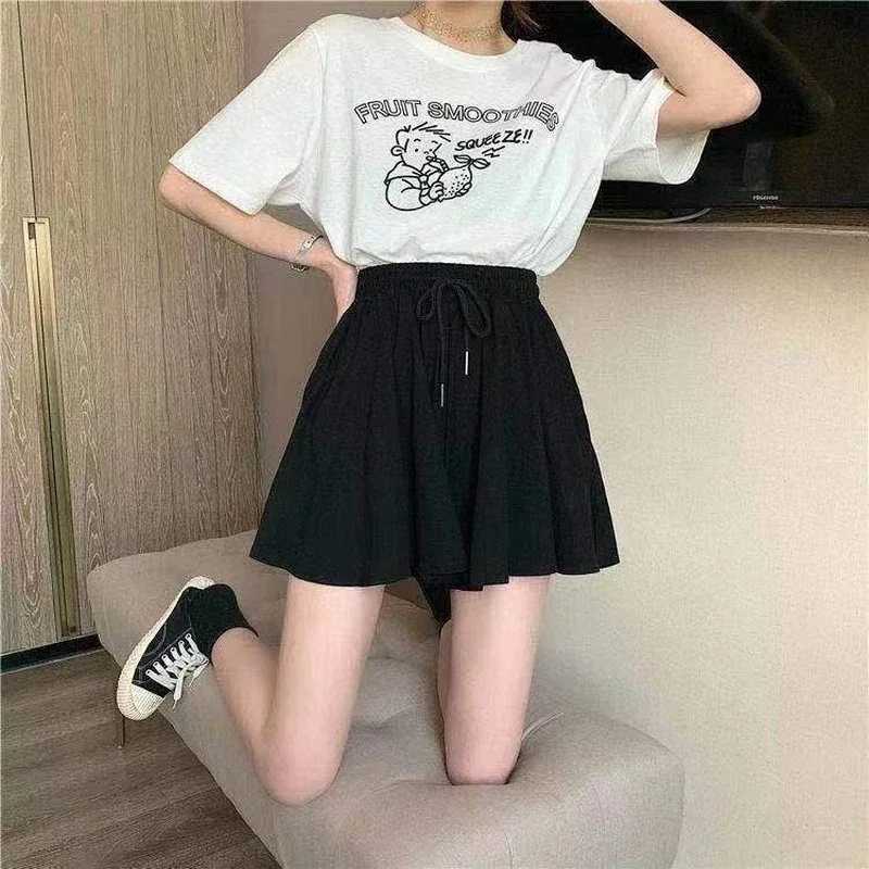 5 Sizes Summer Shorts Skirts Women Elastic High Waist Casual Wide Leg Shorts Korean A Line Loose Mini Skirt Black Short PantsXJ241221