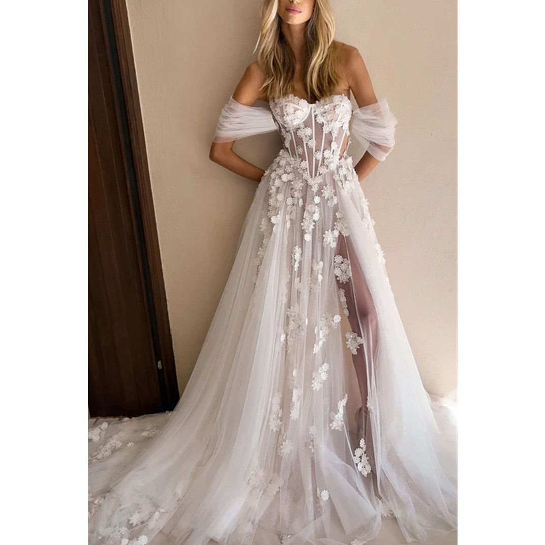 Off The Shoulder Floral Lace Wedding Dresses Beach Women Illusion Back Appliques V-Neck A-Line Bridal Gowns Tulle Vestido De Novia