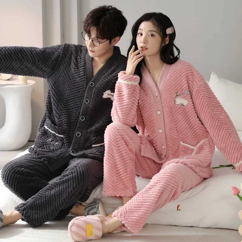 Japanese kimono couple warm sleepwear matching flannel thick sleepwear set cardigan wool sweater family clothing Hombre W241221