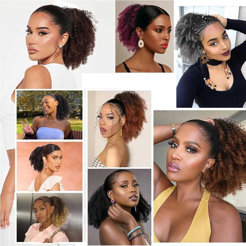 Synthetic Hair Drawstring Ponytail Extension Bohemian Short Afro Kinky Curly Ponytail Hairpiece for Women Protective StyleXJ241221