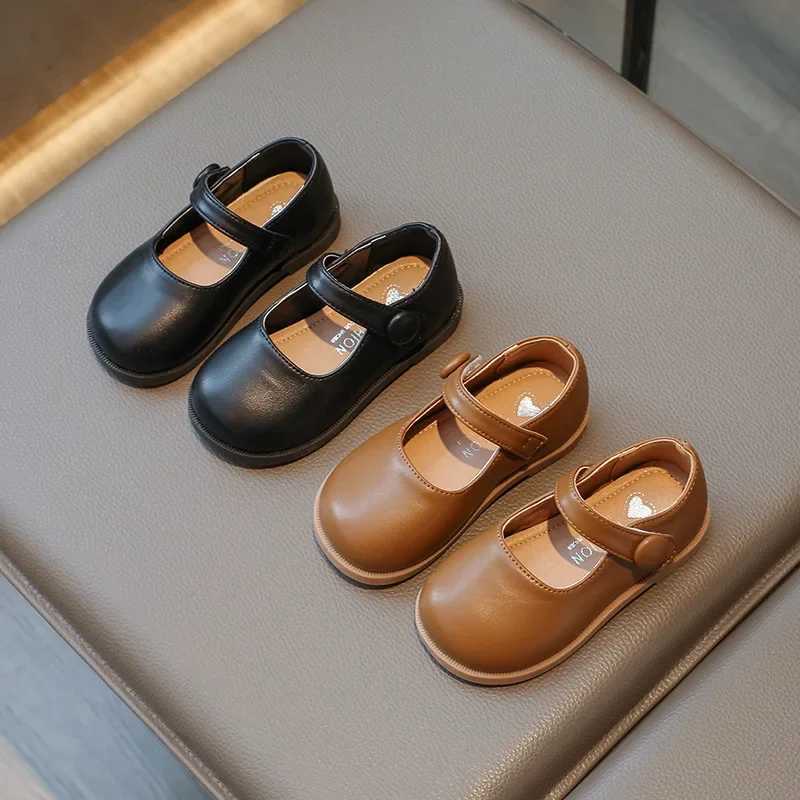 Sneakers Black School Girl Leather Shoes New Solid Color Autumn Versatile Kids Mary Jane Shoes Fashion Non-slip Children Princess Shoes H241221