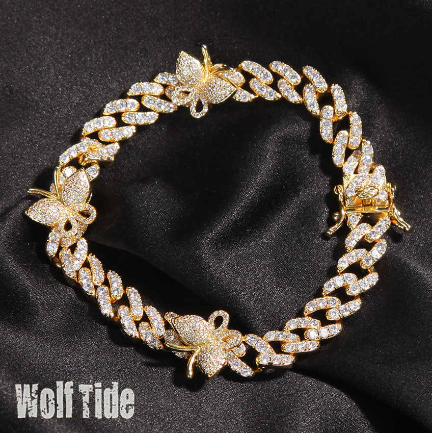 9mm 7-9inch Full Cz Stones Iced Out Butterfly Charms Bracelet Anklet Aesthetic Copper Prong Cubic Zirconia Hip Hop Cuban Link Chain Bangle Bracelets B