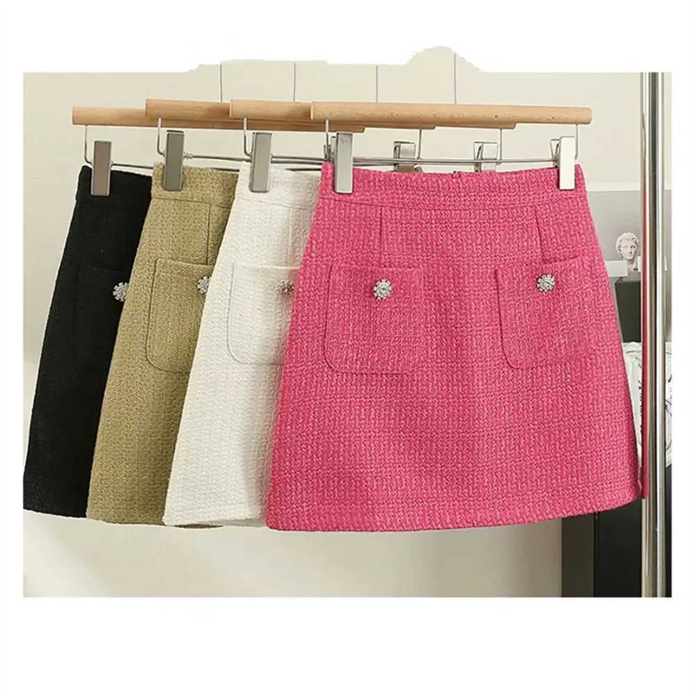 Korean Temperament Rose Red Tweed Short Skirt Fe Autumn High Waist Pockets A-line Woolen Mini Skirts WomenXJ241221