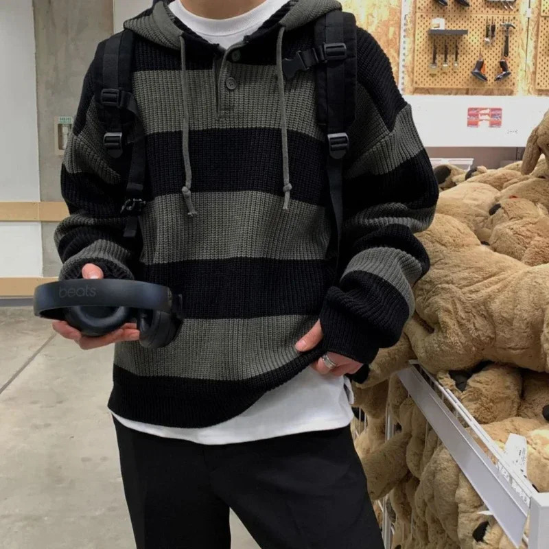 Knit Sweater Male Loose Fit Striped Mens Clothing Black Spliced Pullovers Korean Fashion Hoodies Y2k Streetwear in Tops A V 241220