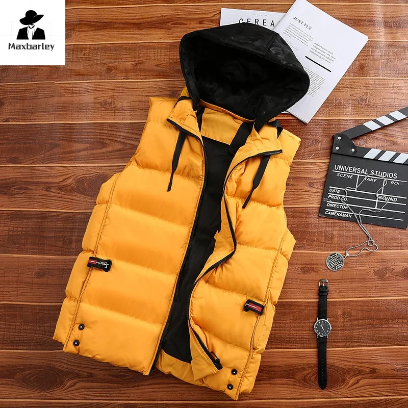 New Winter Men's Fashion Casual Thickened Warm Sleeveless Padded Jacket High Quality Detachable Hooded Down Cotton Vest