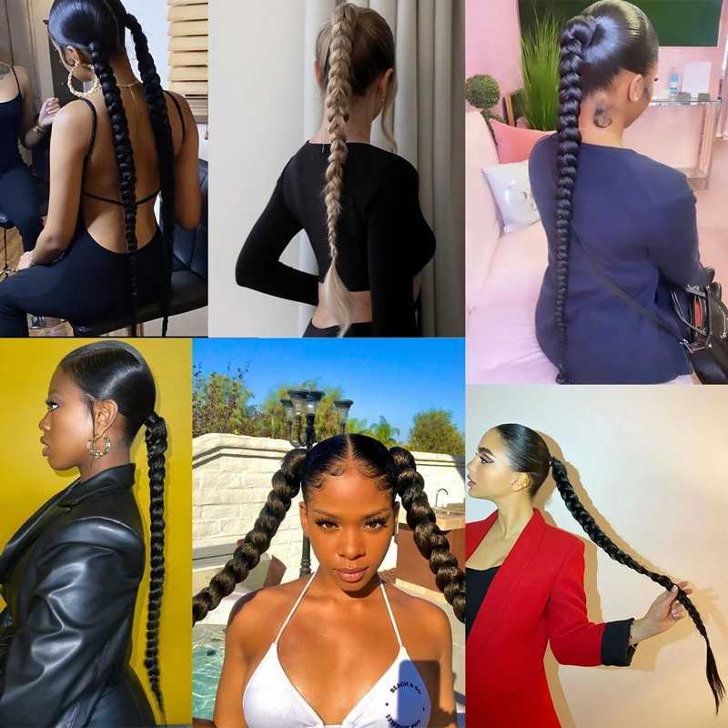 26/34inch Synthetic Long Braided Ponytail Hair Extensions Synthetic Boxing Braids Wrap Around gnon Tail With Rubber BandXJ241221