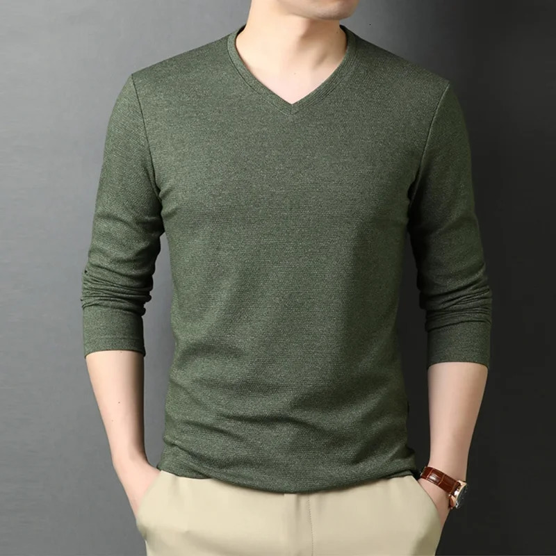 Boreathiman Top Quality Fashion Solid Color Plain Tees V Neck Long Sleeve t Shirt Men Cotton Casual Clothes 241217