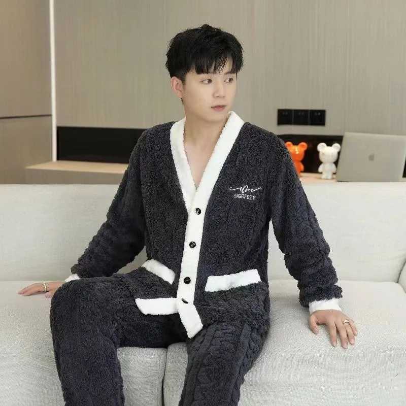 2023 new autumn sleepwear mens winter wool sleepwear thick casual wear wool three piece craft jacquard sleepwear warm set W241221
