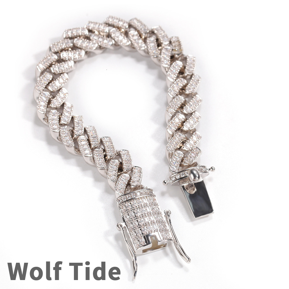 Fine Quality Iced Out Full Baguette Cubic Zirconia Mens Bracelet New In White Gold Prong Cz Stones Cuban Link Chain Bangle Bracelets Hip Hop Jewelry P