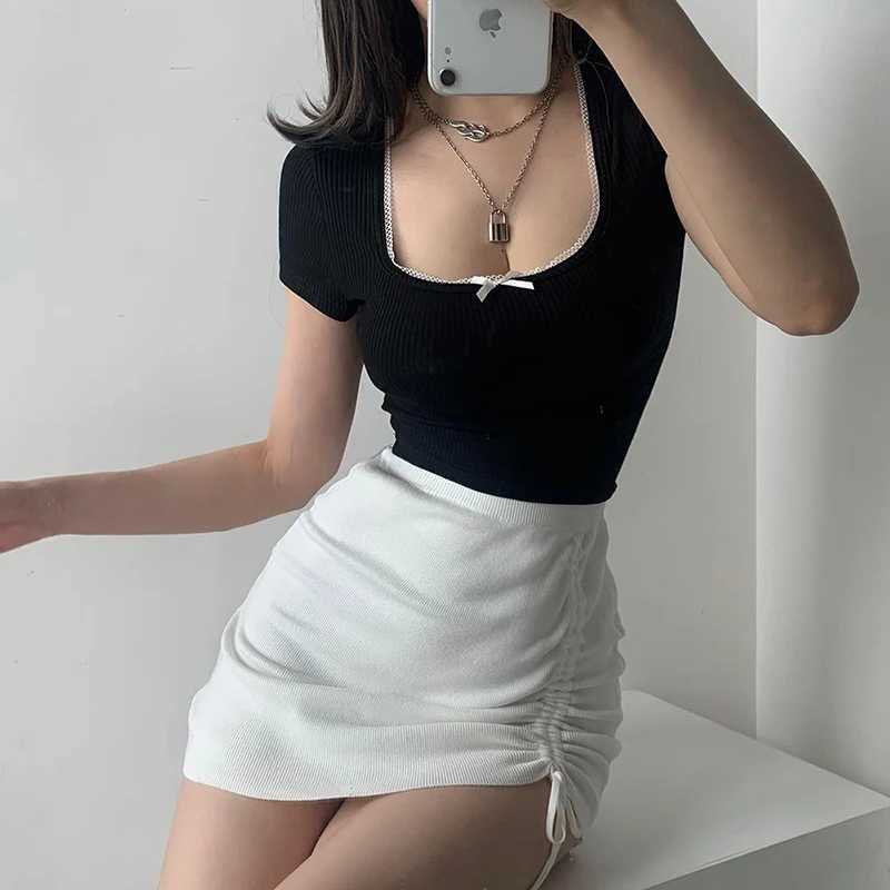 White High Waist Stretch Side Drstring Skirt Women Club Slim knitted Short Skirt Sexy All-match Fashion Mini Skirt BlackXJ241221