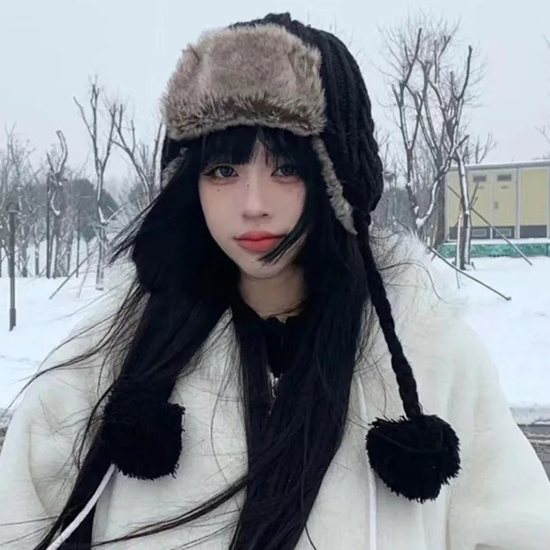 Winter faux fur plush Lei Feng hat with fashionable twisted texture windproof bicycle ear protection knitted bomber hat 241220