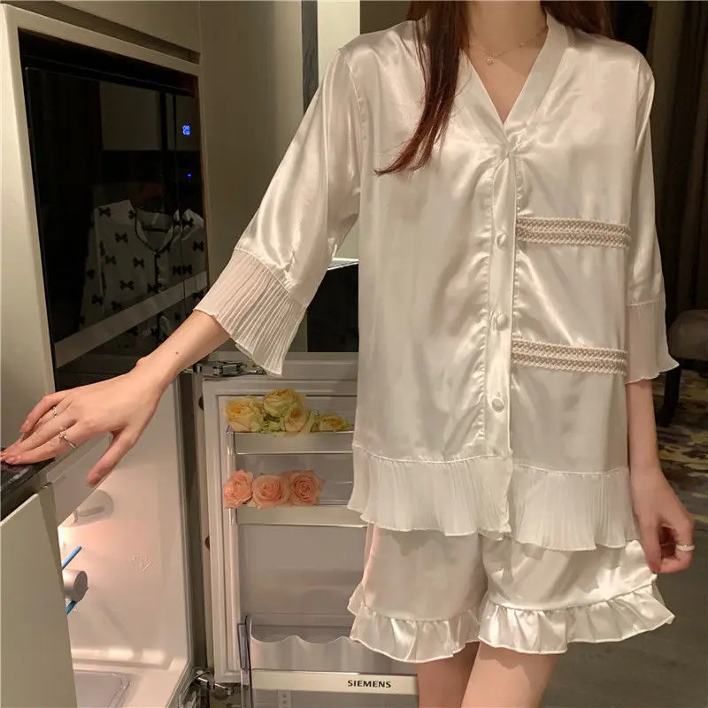 2pcs Silk White Elegant Casual Women Lady Satin Pajamas Set Pyjama Sleepwear Nightwear Loungewear Homewear Set Woman 2 Pieces 241217