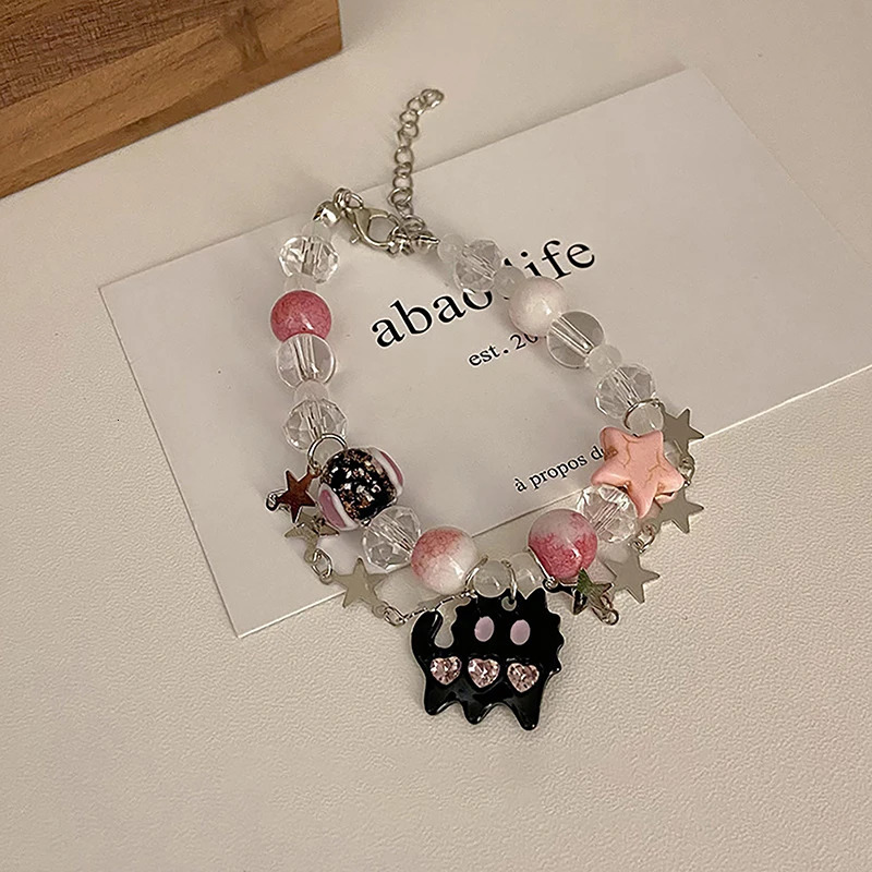 Black Cat Heart Rhinestone Pentagram Star Beads Bracelet For Women Aesthetic Sweet Cool Trendy Jewelry Korean Fashion Gift 241214