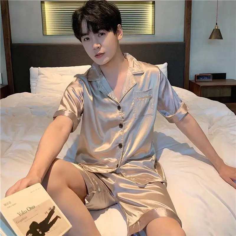 Ice silk sleepwear mens short sleeved thin summer solid color sleepwear large-sized home set W241221
