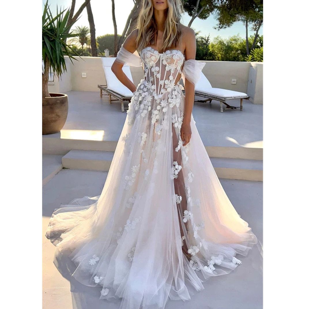 Off The Shoulder Floral Lace Wedding Dresses Beach Women Illusion Back Appliques V-Neck A-Line Bridal Gowns Tulle Vestido De Novia