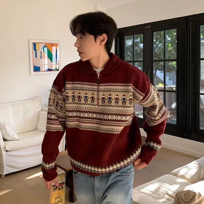 WInter Fair Isle Half Zip Polo Neck Sweaters For Men Y2K Vintage Christmas Knitted Pullovers Red Knitwear Man 241220