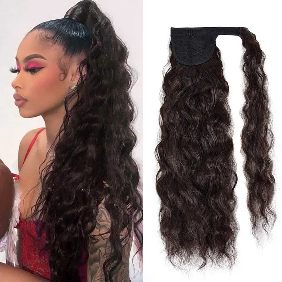 22Inch Synthetic Long Corn Wavy Ponytail Hairpiece Wrap On Hair Clip Ombre Brown Blonde Hair Extensions Pony Tail HairstyleXJ241221