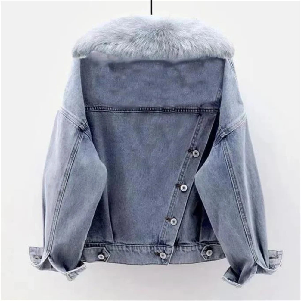 Winter Denim Jacket Women Fashion Fur Collar Warm Fleece Velvet Lining Denim Coats Bomber Jacket Female Blue Chaqueta Mujer 241217