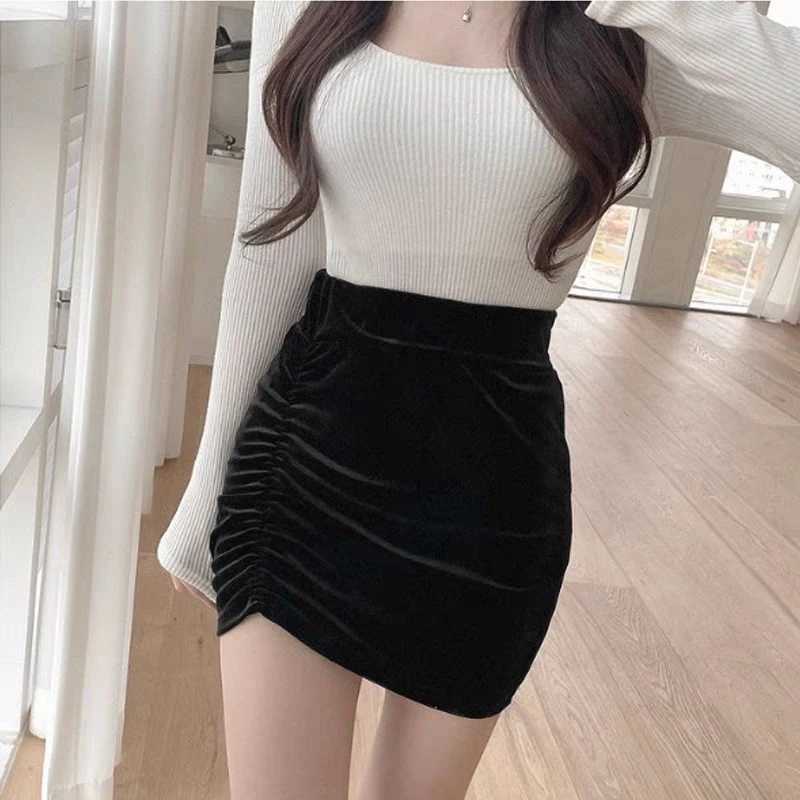 Womens Ele Directional Design Half Skirt 2024 New Velvet High Waist Stretch Half SkirtXJ241221