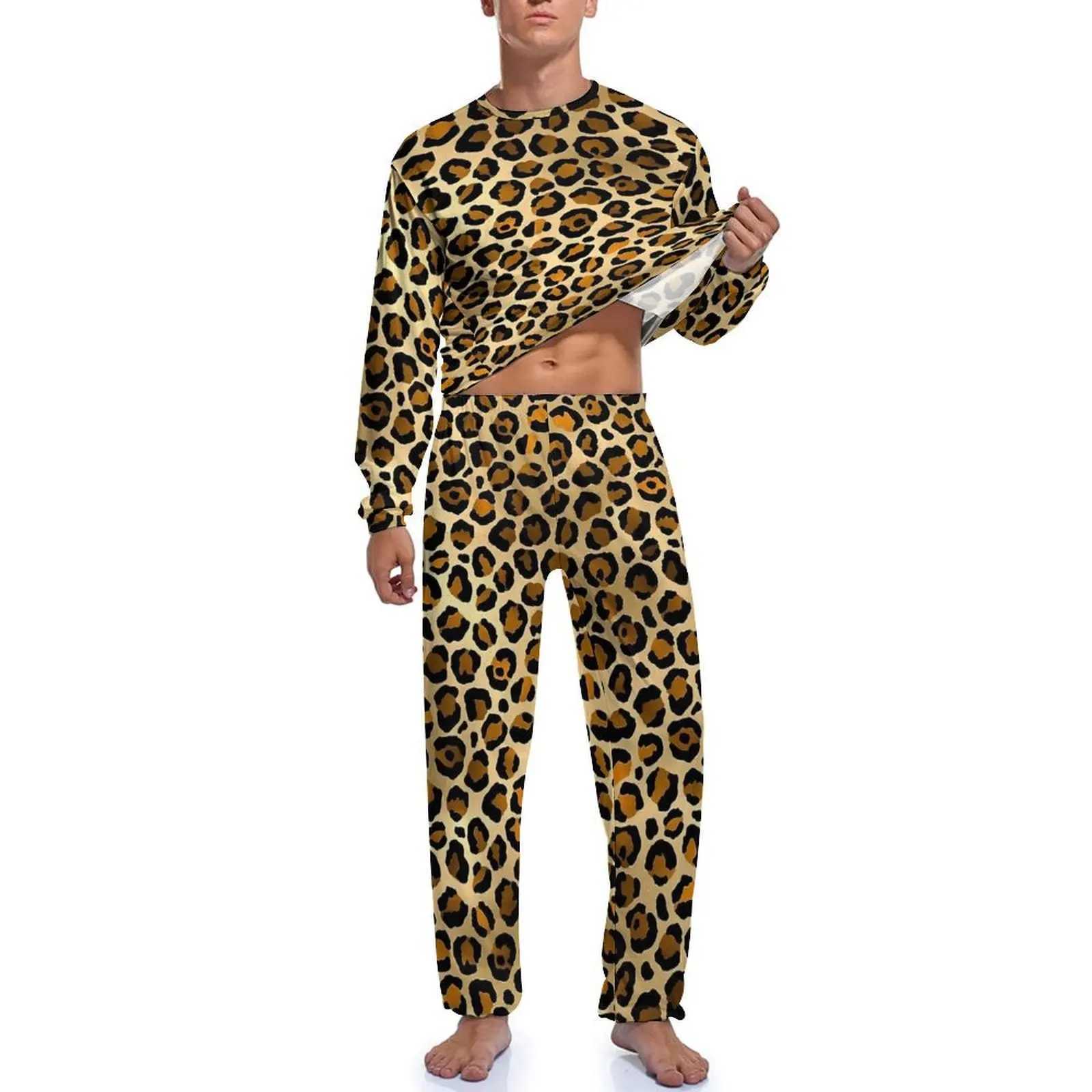 Orange leopard print pajamas for spring casual sleepwear mens 2-piece patterned long sleeved fashionable sleepwear set W241221
