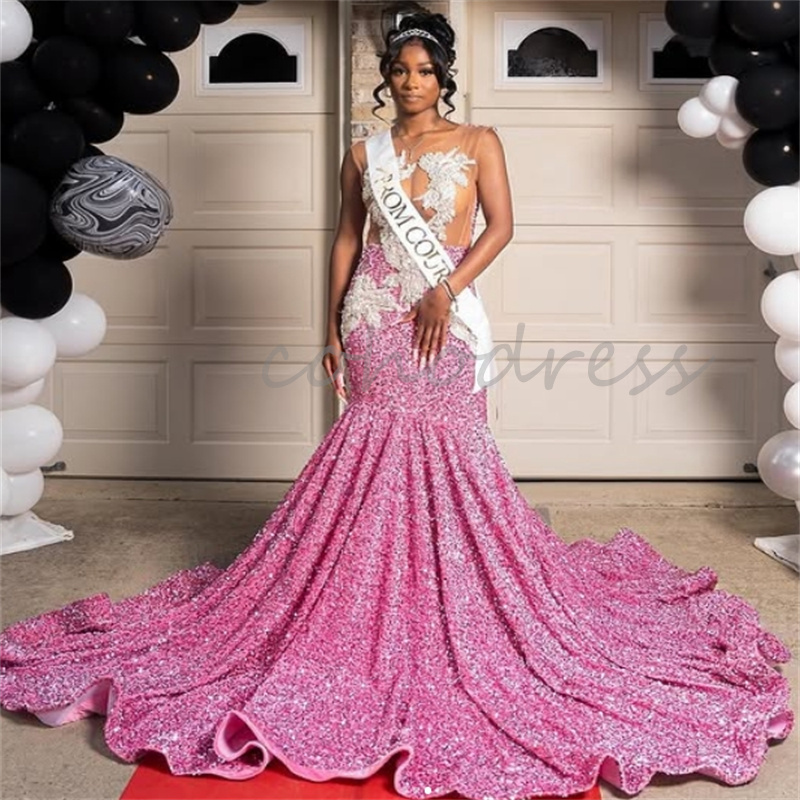 Sparkle Pink Prom Dresses For Black Women Luxury Sequins Mermaid Evening Dresses Sleeveless Beaded Birthday Formal Party Night Vestio De Fiesta Ceremo