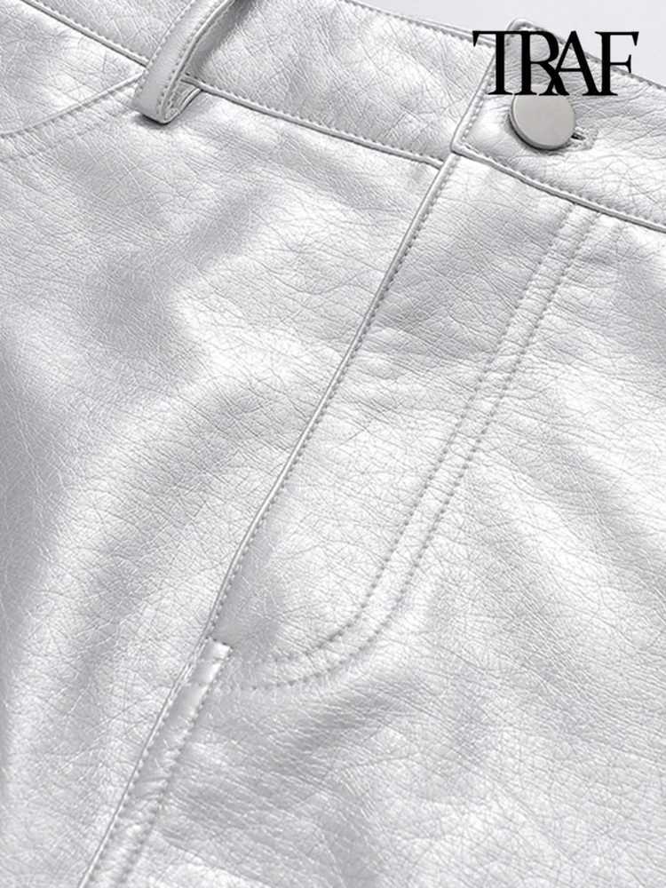 TR Women Fashion Front Pockets Faux Leather Silver Mini Skirt Vintage High Waist Zipper Fly Fe Skirts jerXJ241221
