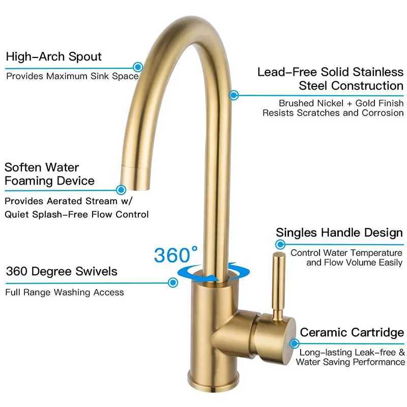 Kitchen Faucets Gold Square Single Handle Sink Faucet Stainless Steel Hot and Cold Deck Mount Water Taps Grifos De Cocina Z241221