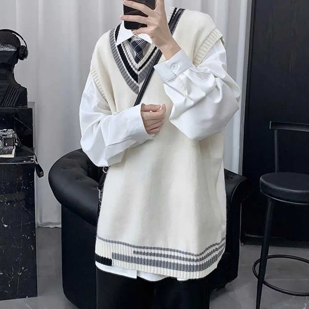 Sweater Vest Men Thicken V-neck Sleeveless Knitted Sweaters Vests Striped Retro Preppy-style Simple Chic Loose CasualXJ241221
