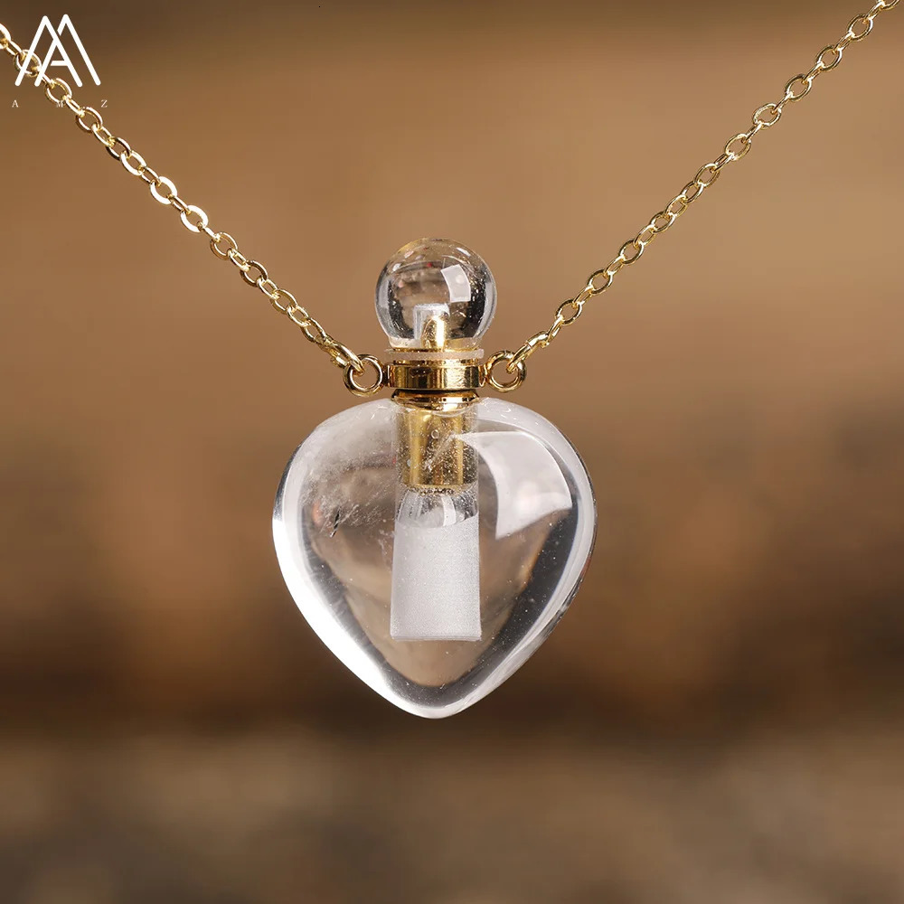 Fashion Women Heart Stone Essential Oil Pendant Necklace Roses Amethysts Quartz Perfume Bottle Necklace Jewelry Gift Dropship 241220
