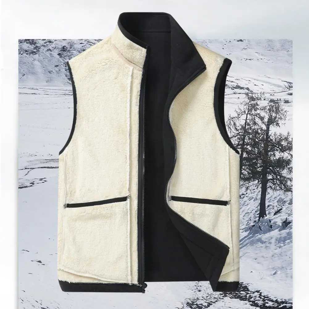 Winter Men Vest Stand Collar Neck Zipper Closure Thick Plush Warm Windproof Soft Plus Size Cardigan WaistcoatXJ241221