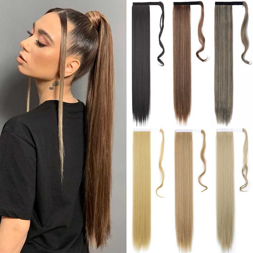 Synthetic Long Straight Ponytail Extensions 22 Inch Wrap Around Light Golden Brown Ponytails Hair Piece Pony Tail Hair ExtensionXJ241221