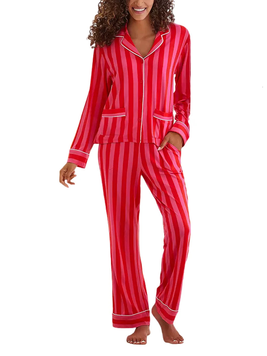 Womens Christmas Pajama Set Striped Long Sleeve Button Down Tops Elastic Waist Pants Lounge Harajuku Home Suit Sleepwear 241217