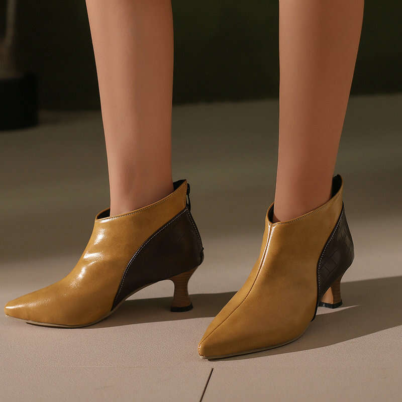 Spring And Autumn French Pointed Wood Grain Fine Ankle Boots Temperament Color Blocked Back Zipper Women's High Heels Single Shoes