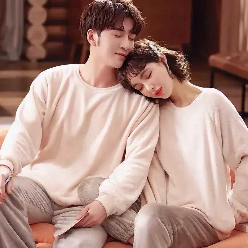 Color set sleeve pajamas two-piece set pajamas Pnats long comfortable pajamas couple set pajamas autumn couple solid color home plush W241221
