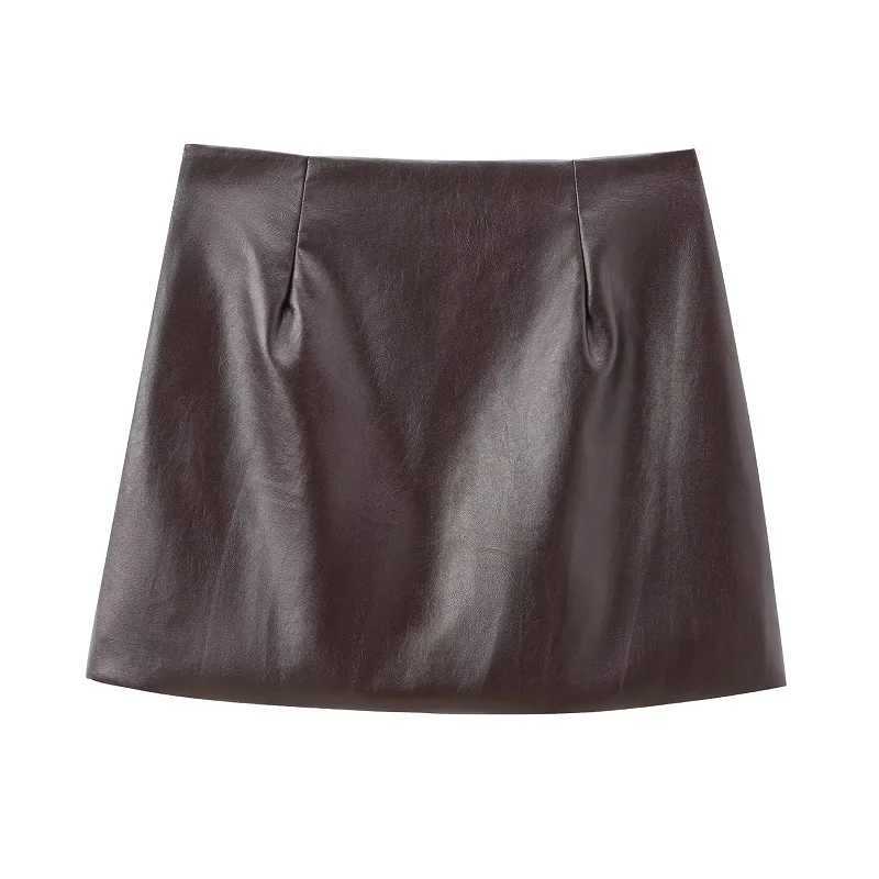 TR Leather Mini Skirts 2024 Summer Womens Y2K Ele Party Short Skirts Ladies Fashion Casual Office Brown Mini SkirtsXJ241221