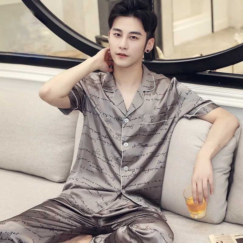 Pajama Set for Mens Spring Long sleeved Thin Ice Silk Pajamas for Mens Summer Satin Home Fabric PLUS Size Lounge Boys Pajamas W241221
