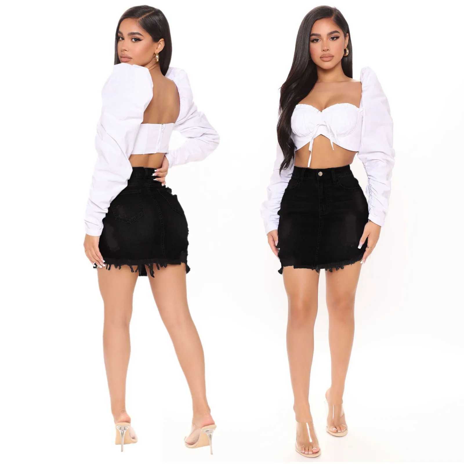 2023 Short Skirt Summer High Button Denim Casual Waist Women Hole Tassel Denim Saia Jeans Mini Skirt Pocket SkirtXJ241221